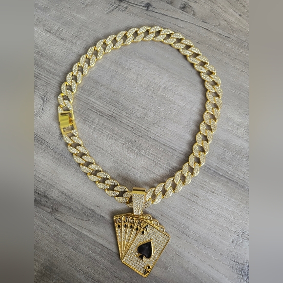 Hip Hop Iced Out Fully Rhinestone Gold Card Pendant & Cuban Chain Necklace 18" - Picture 12 of 13